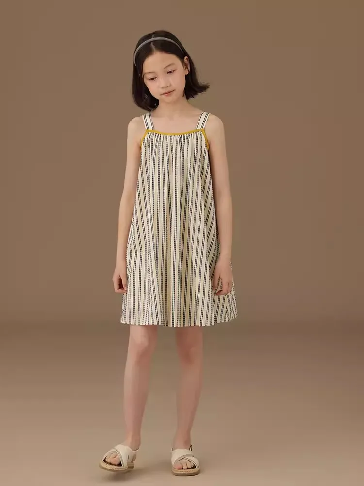 Vestido de verão sem mangas para meninas, impressão listra, bainha plissado, casual, cinta de espaguete, para adolescentes, 4 a 15 anos