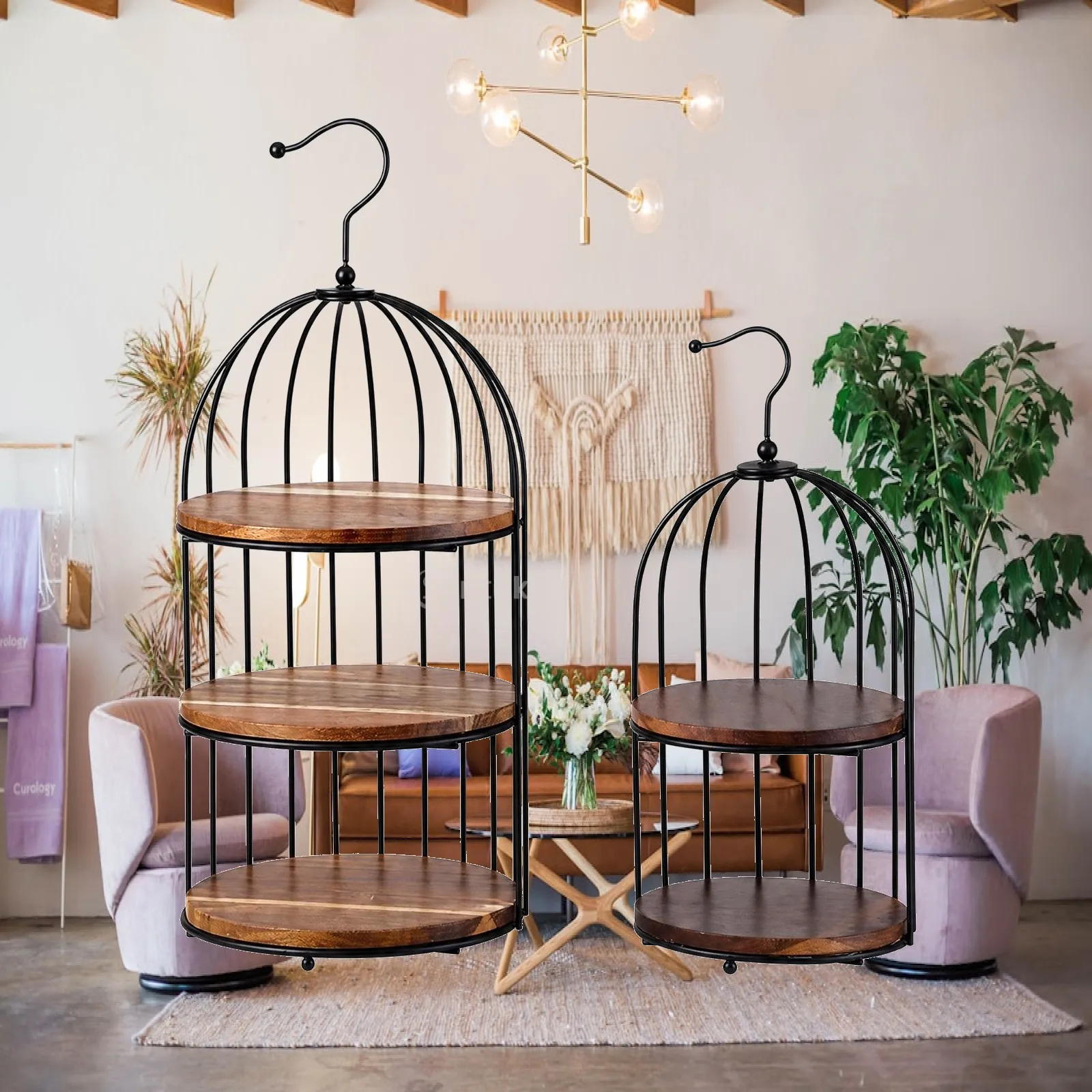 Black Wood Cake Stand Birdcage Design Tiered Display Rack with Metal Frame Freestanding Server for Wedding Party Dessert Table