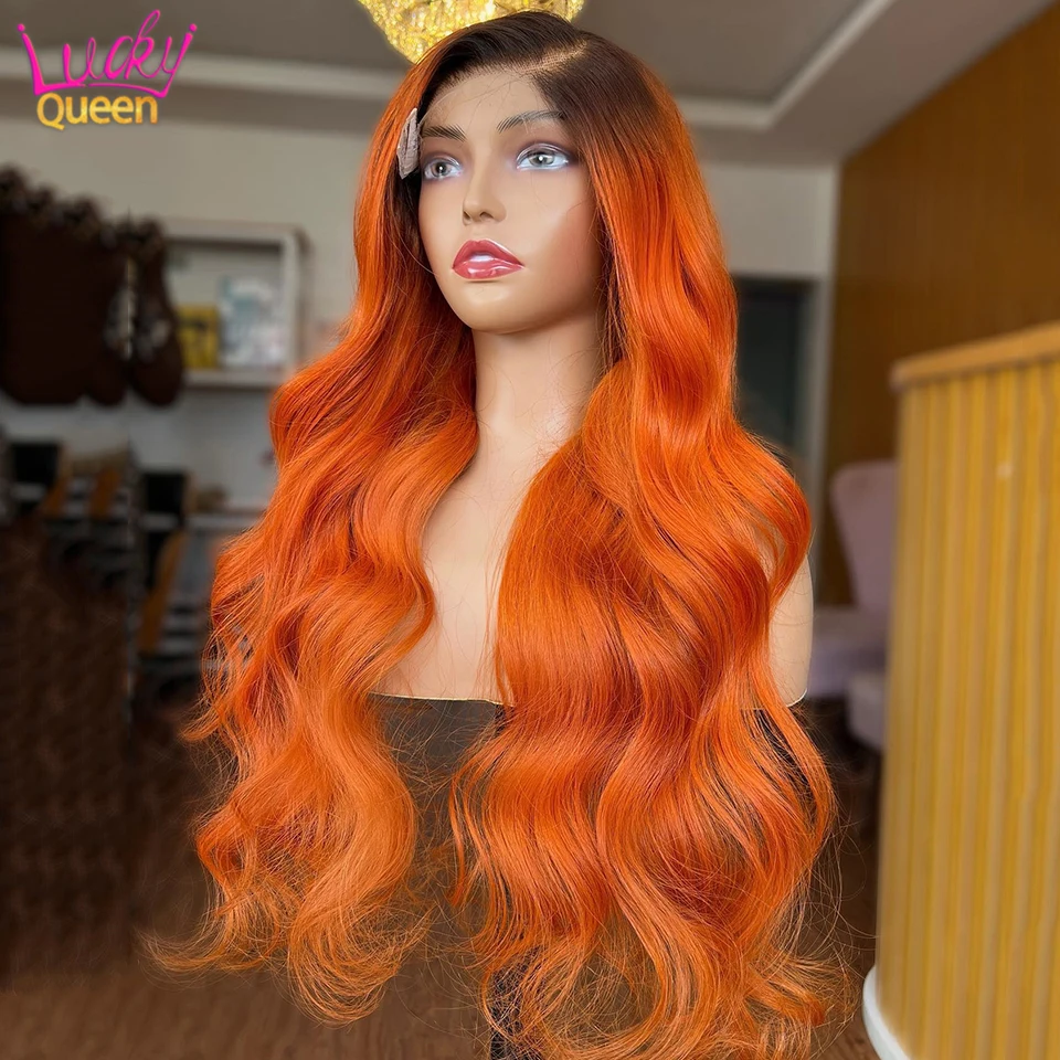 

Ginger Color With Black Roots 13x4 13X6 Transparent Lace Front Wigs Human Hair Pre Plucked with Baby Hair 180% Density Body Wave