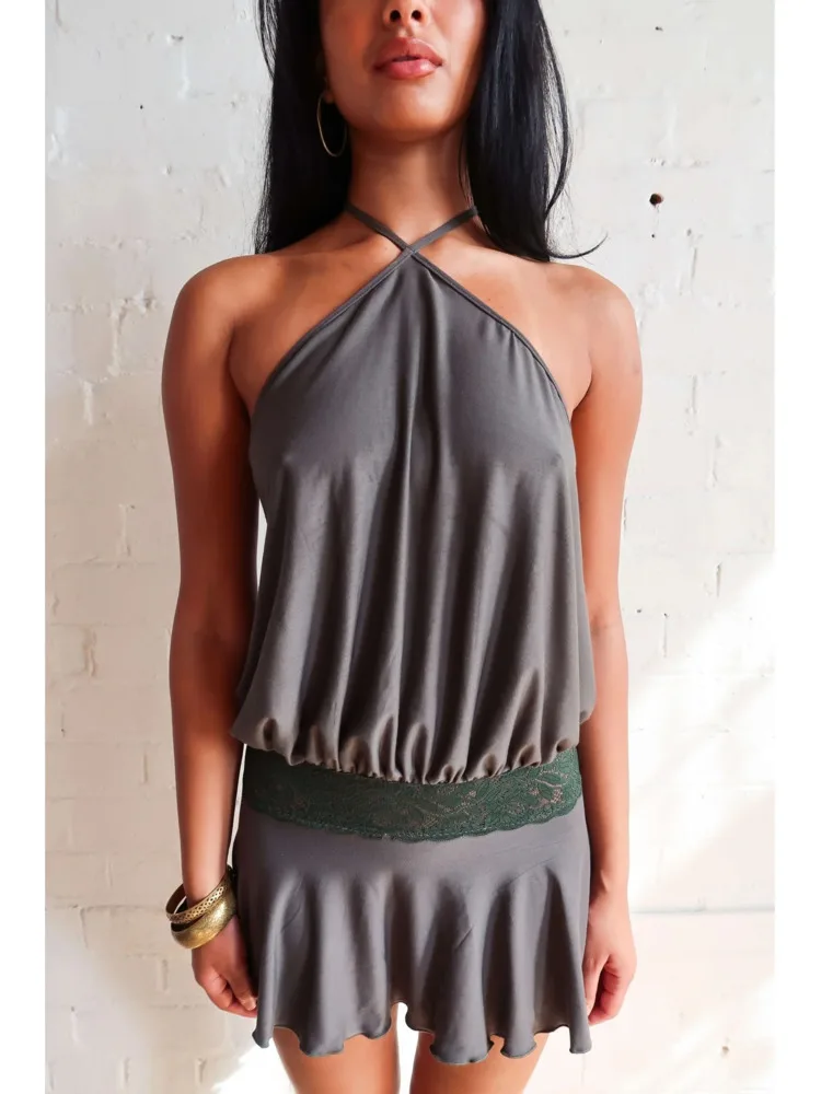 Articat sexy pendurado colarinho sem costas magro conjunto de duas peças para mulheres cor sólida topo mini saia conjunto primavera verão nova férias praia