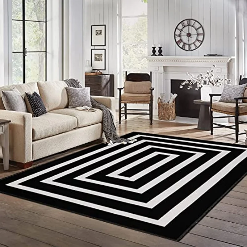 Black and White Rug Geometric Modern Stripe Symmetrical Indoor Outdoor Rug for Living Room/ Balcony/Backyard Decorative Door Mat