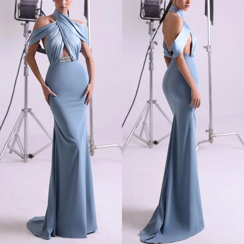 

Sky Blue Sexy Halter Evening Dresses Women hollow out Sparkly Beaded Mermaid Long Party Prom Dresses Customized