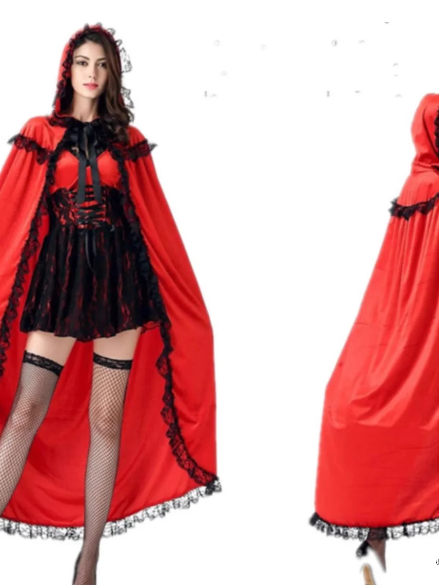 

Красное плащо-накидка с капюшоном для ролевых игр, сценический костюм, одежда для выступлений, с кружевной отделкой, доступны варианты в черном и красном цветах