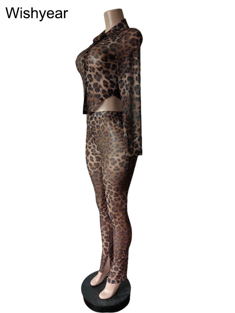 أزياء ليوبارد طباعة 2 قطعة السراويل مجموعة النساء ربيع الخريف طويلة الأكمام المحاصيل قمم سترة وسراويل قلم رصاص تمتد ليلة كلوبوير #5