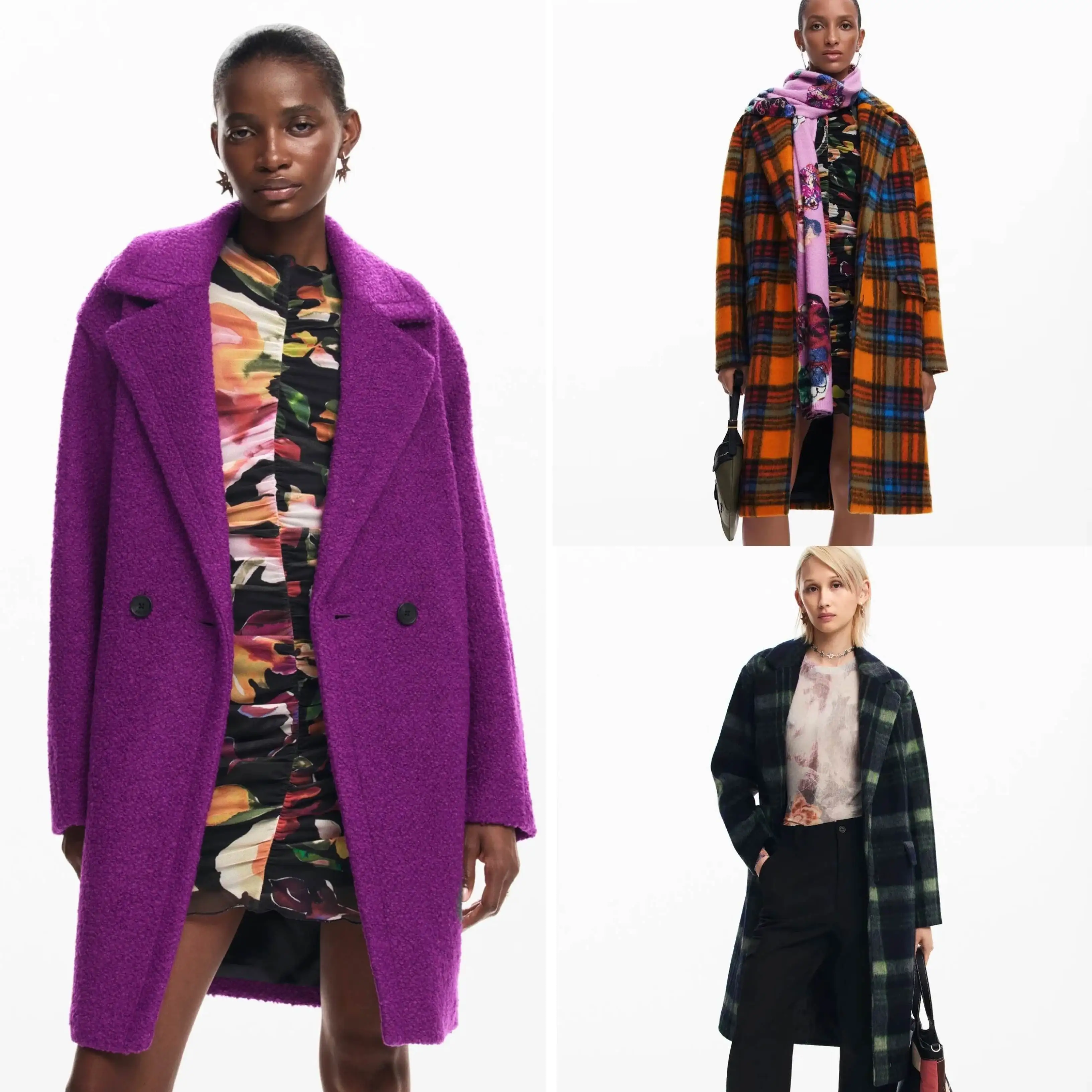 

European and American original Spanish women's plaid woolen coat, medium long, thick and warm contrasting color suit collar coat