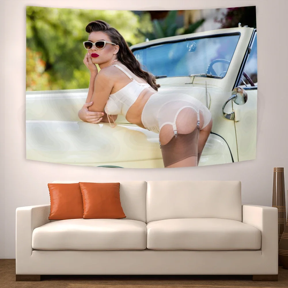 90x150cm Bikini Girl With Car Tapestry Bar And Bedroom Decor Wall Hanging Blanket Hippie Background Illustrations Backdrop Cloth