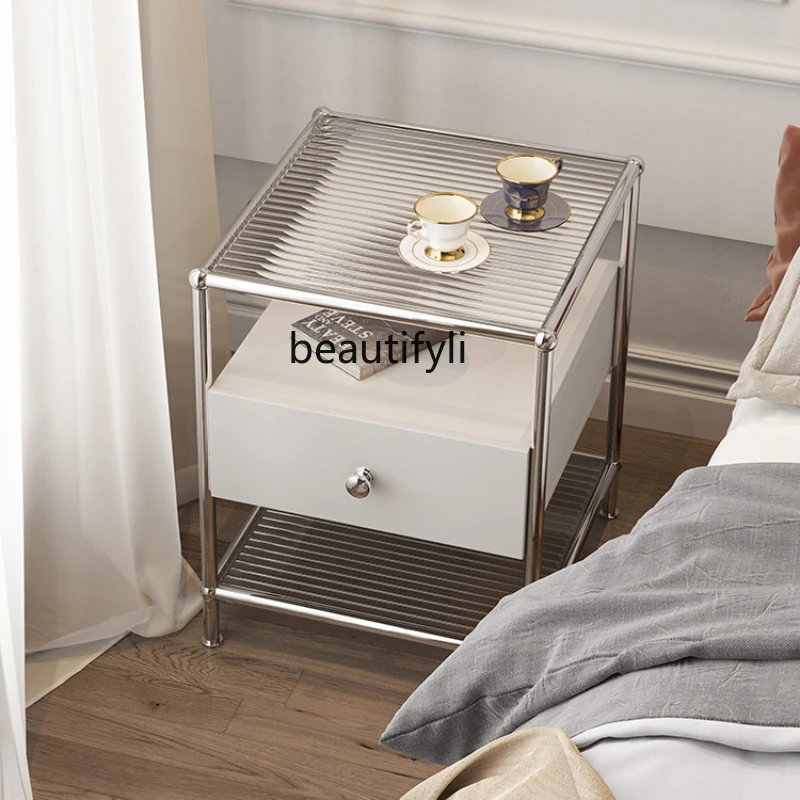 Nordic Changhong Glass Bedside Table Modern Simple and Light Luxury Small Storage Side Table Designer Model