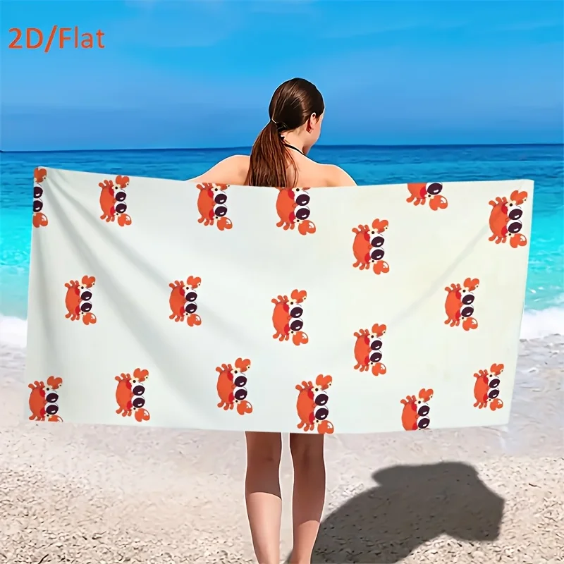 Cute Crab 2D Flat Beach Towel, Ocean Theme Design Quick Dry Absorbent Soft Microfiber for Summer Travel Camping Pool