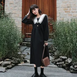 MAGOGO Harajuku Navy Collar Long Dresses Japanese Lolita Sweet Girl Retro Kawaii Preppy Style Long Sleeve Black Dress Women