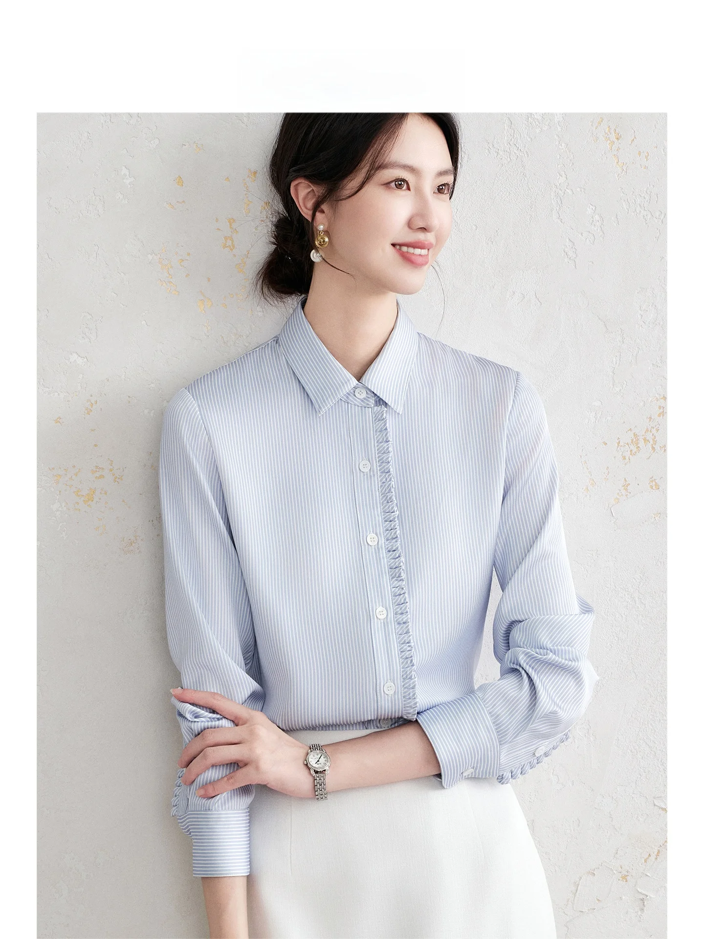 

OffiY Fre Sli Commute Early Autumn New Blue White Stripes Slimming Profional irt Interview Women's Faion