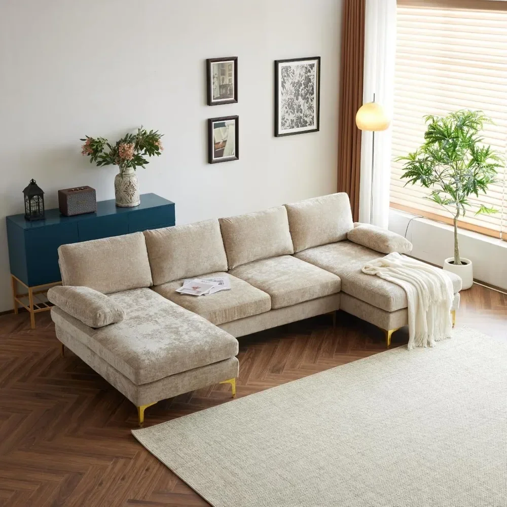 Umwandelbares Sofagarnitur, 110 Zoll, U-förmiges Sofa, Couch, 4-Sitzer-Couch mit Chaiselongue, Chenille-Stoff, gepolstert für das Wohnzimmer