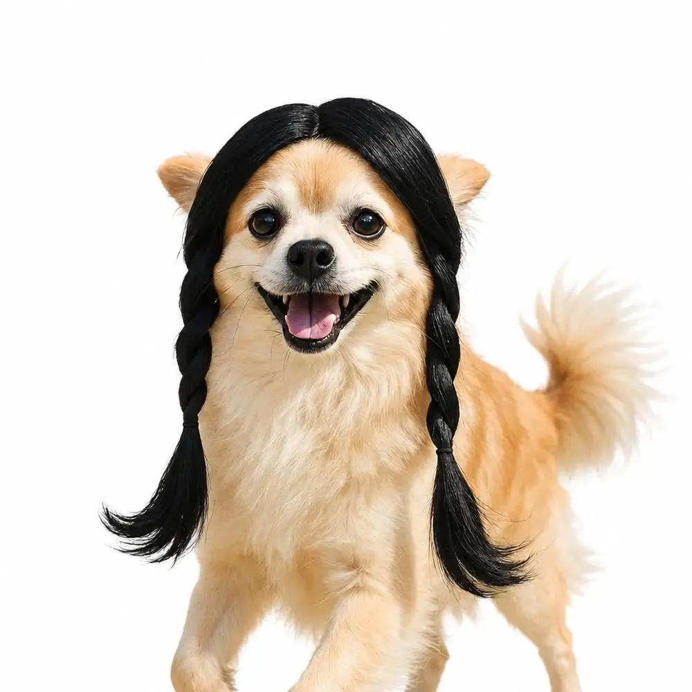 Black Twin Tails Dog Wig Straight Bob Cut Puppy Cosplay Dress Up Dog Headdress Brown Curly Pet Costume Wig