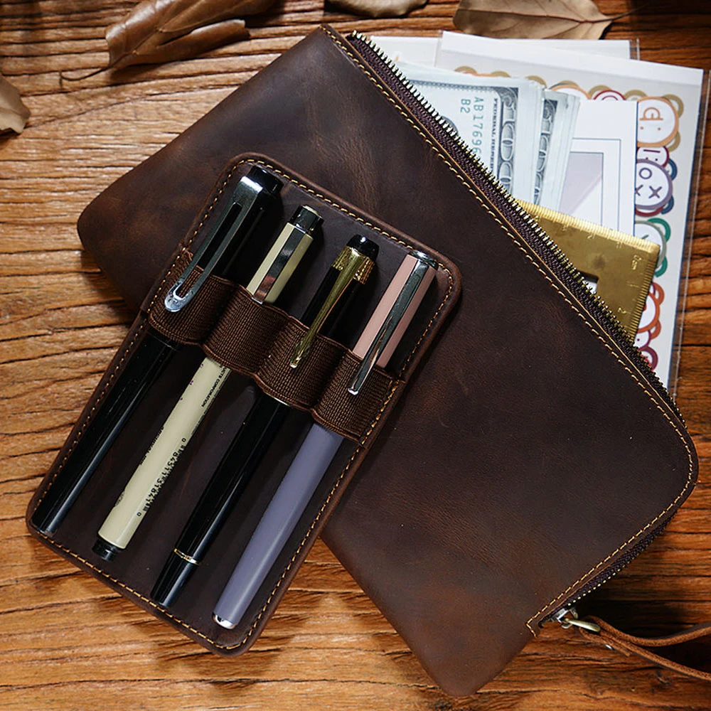 Vintage Leather Zippered Pen Case with Multiple Slots — Large Capacity Portable Stationery Organizer