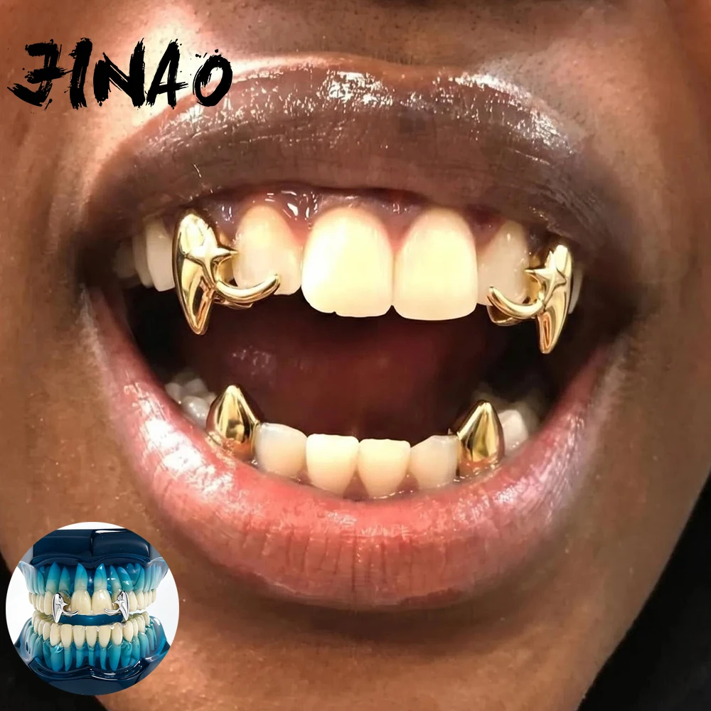 JINAO Hip Hop 2 pièces Ensemble de dents de vampire, Grillz à surface lisse et creuse en forme d'étoile, brillant, pour Cosplay, style Punk Rapper, Cadeau de Noël