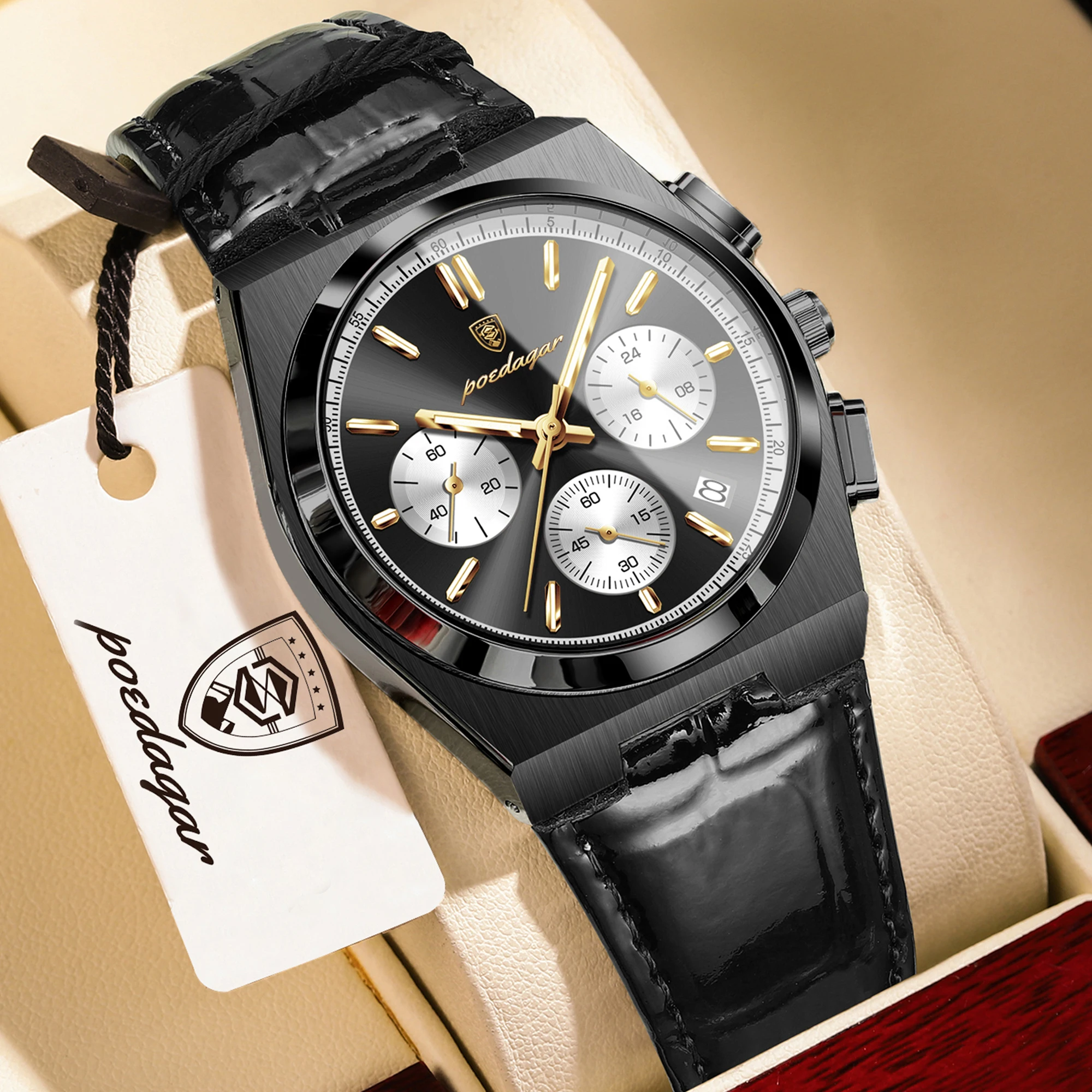 

Мужские часы POEDAGAR, водонепроницаемые, с подсветкой, хронографом, датой, спортивные, кожаные, кварцевые.