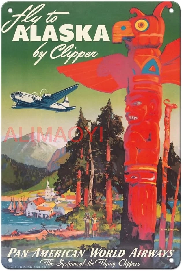 Fly to Alaska - by Clipper - Pan American World Airways - Native Totem Pole - Vintage Airline Travel Poster by Mark Von Are good