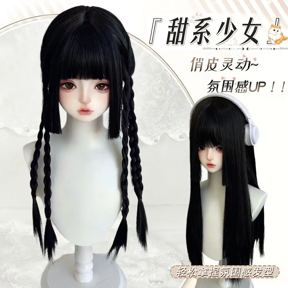 شعر مستعار لتصفيفة الشعر وقنديل البحر من Hime Cut |   قبعة لوليتا كوسبلاي كاملة سوداء طويلة مستقيمة على الطراز القوطي والكاواي