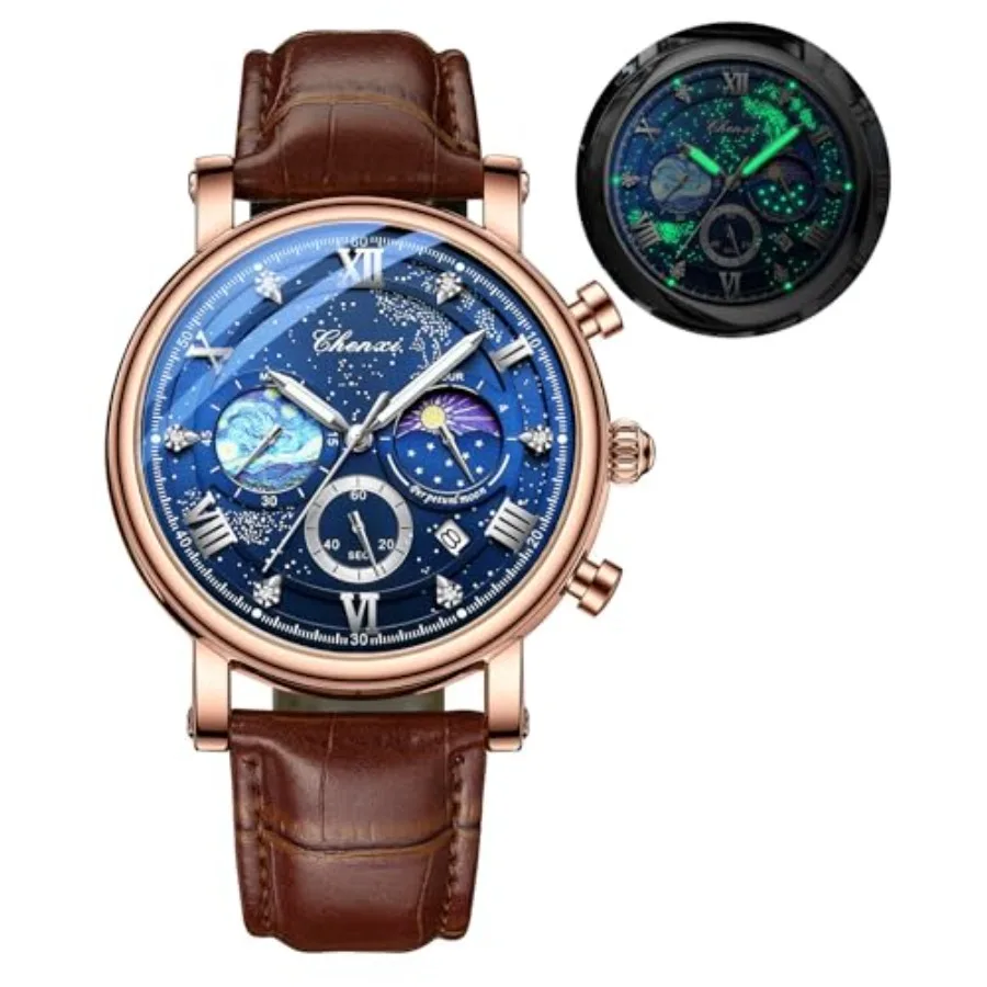

Men's Classic Multifunctional Military Sports Analog Watch Business Dress Waterproof Luminous Chronograph Starry Sky Moon Phase