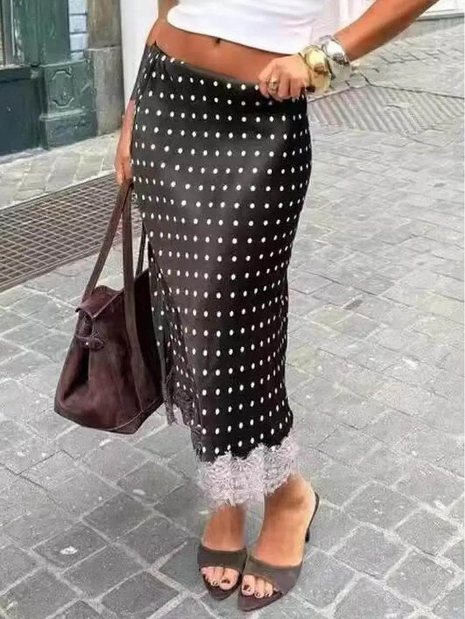 Spring New Arrival Silk Satin Long Skirt Half-length Lace Decoration Closure High Waist Straight Cut City Walk Side Split