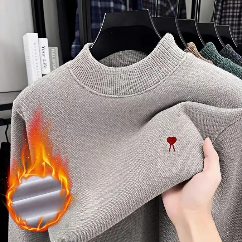 

High end brand velvet sweater heart-shaped embroidery men's winter style thick warm casual round neck knitted pullover sweater