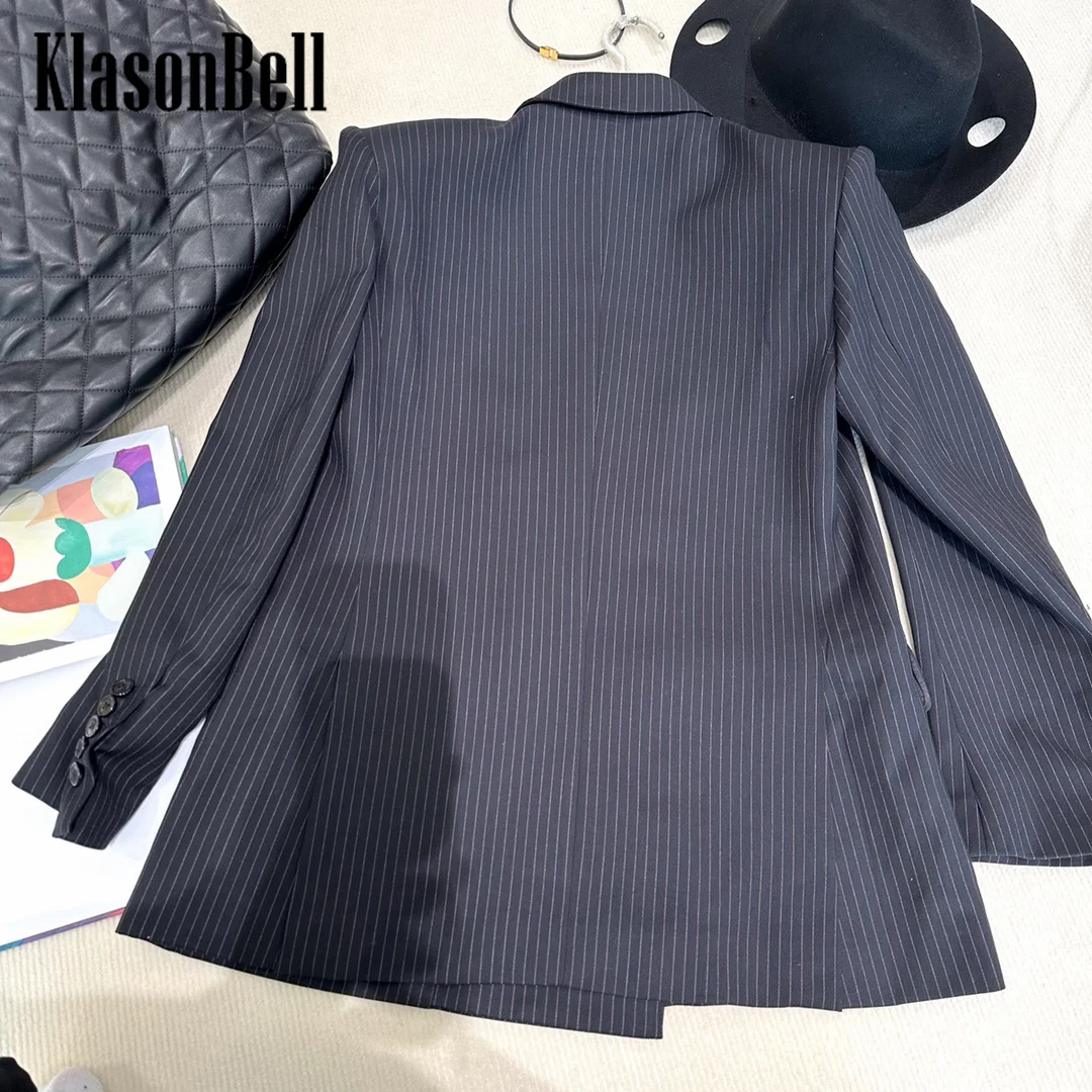 3.21 KlasonBell Wool Blends Striped Office Lady Casual Jacket Women Temperament Shoulder Pads Classic Double Breasted Blazer