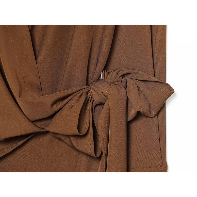 YENKYE 2026 قميص نسائي بني ثنيات بأكمام طويلة وياقة على شكل طية صدر السترة وربطة أمامية وبلوزات ربيعية قمصان نسائية ملابس خروج #5