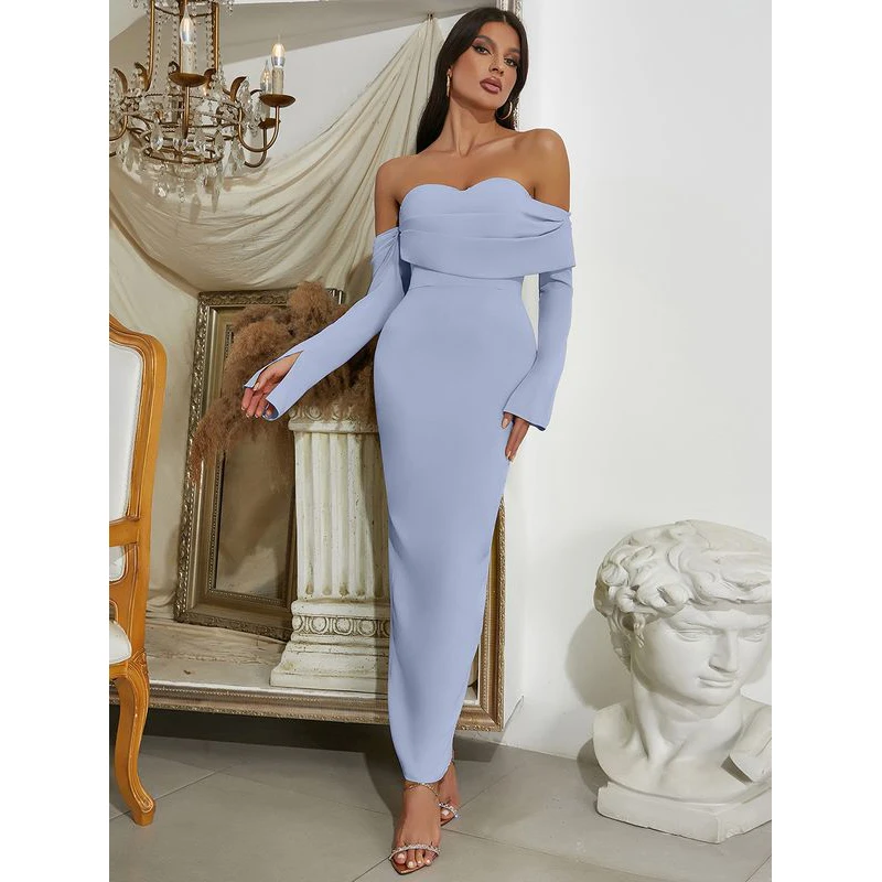 MSMUSI 2024 New Fashion Women Sexy Off The Shoulder manica lunga Backless Bodycon Party Event fessura Maxi Dress abito lungo Vestidos