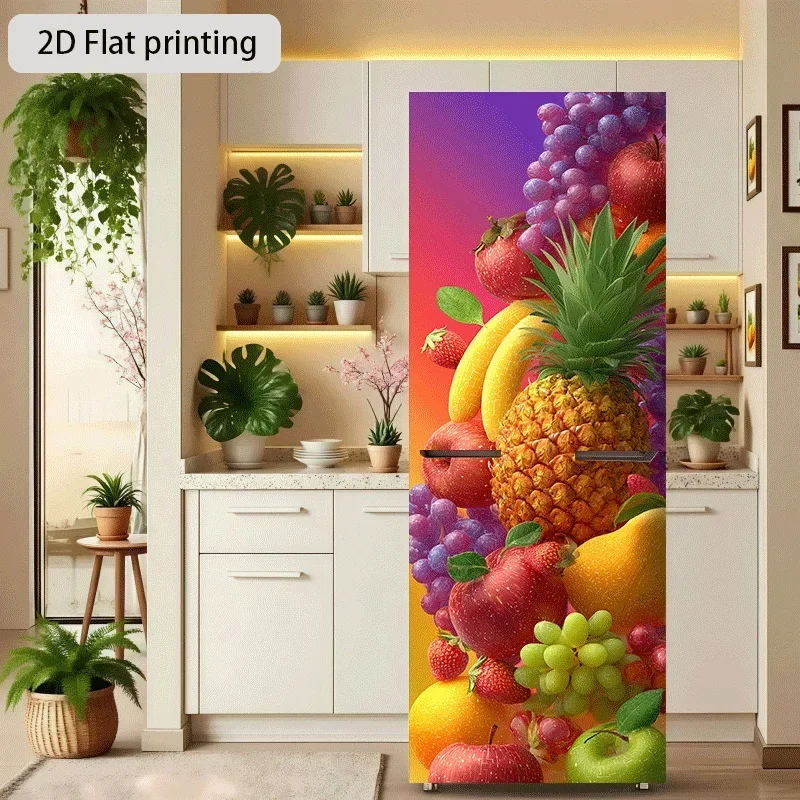 Image of Kühlschrankaufkleber, farbenfrohes Obst-Kollektions-Design, Wandaufkleber, selbstklebende Tapete, geeignet für Schränke und Kleiderschränke