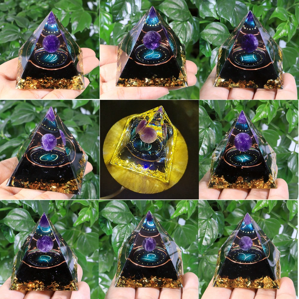 Pirâmide Orgone dos 12 Signos do Zodíaco, Ornamentos de Pedra Cristal Natural de 5cm, Gemas Orgonite, Ornamento de Pirâmide, Presentes de Aniversário