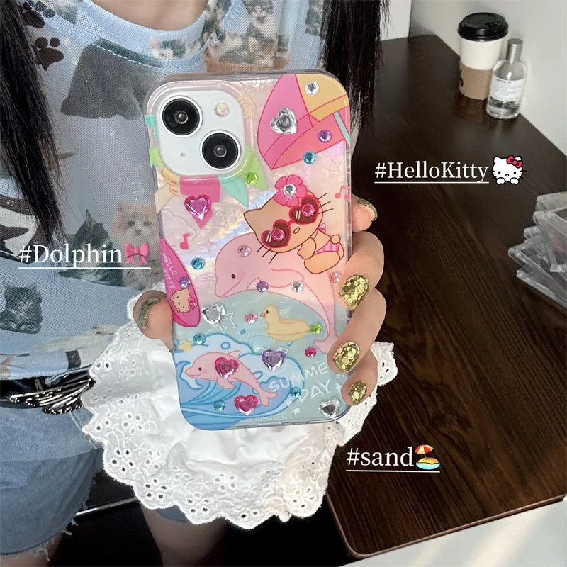 Hello Kitty Sanrio Sunglasses Pink dolphin rhinestone Phone Case For iPhone 15 14 13 12 11 Pro Max case cute cartoon Sweet Cover