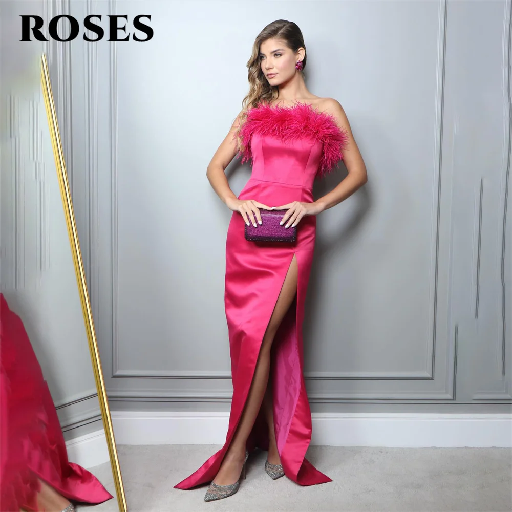 

ROSES Feathers Strapless Elegant Sexy Wedding Party Dress Side Split Celebrity Dress Stain Special Occasion Dress robes du soir