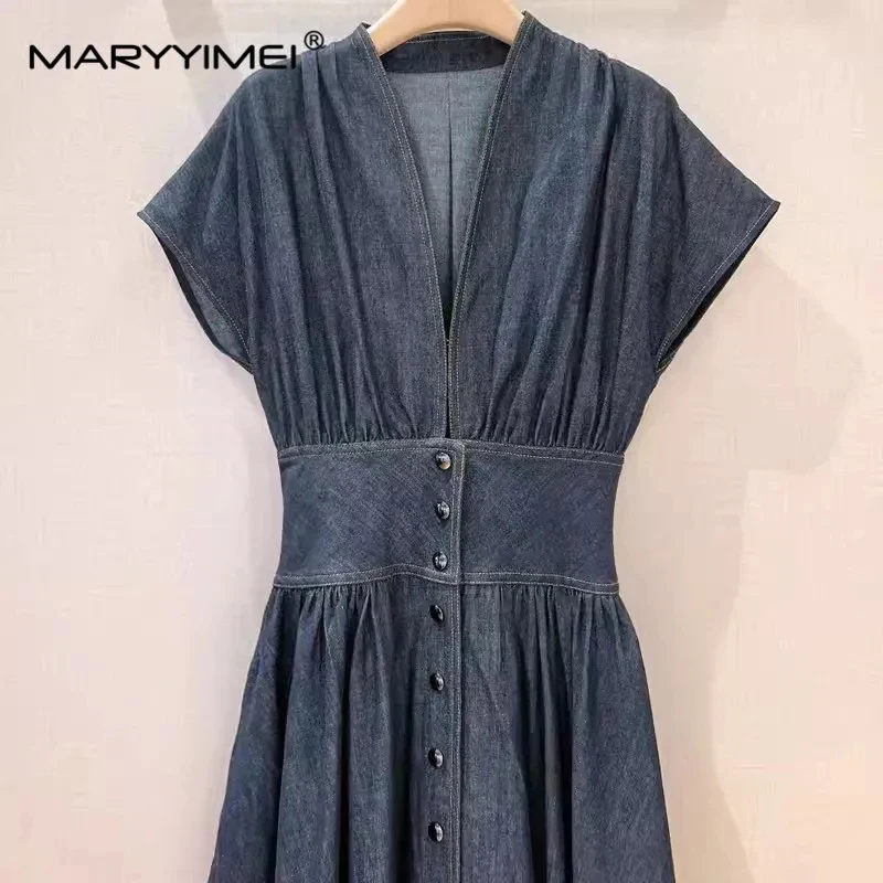 MARYYIMEI Fashion Designer Spring Summer women\'s Cotton Short Sleeve Single-Breasted Folds Streetwear Dark Blue Denim Dresses