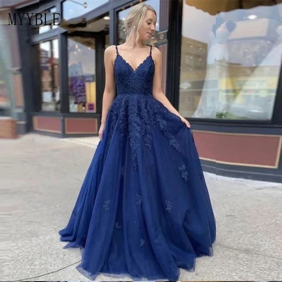 

Lace Navy Blue V Neck Vestidos De Fiesta Noche Prom Custom Made Evening Dresses Robe De Soiree Plus Size Long Lace Up Party Gown