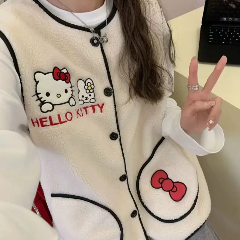 

Sanrios Hello Kittys женские жилеты весна осень свободные топы без рукавов Y2K жилет для девочек модный женский кардиган оверсайз корейский