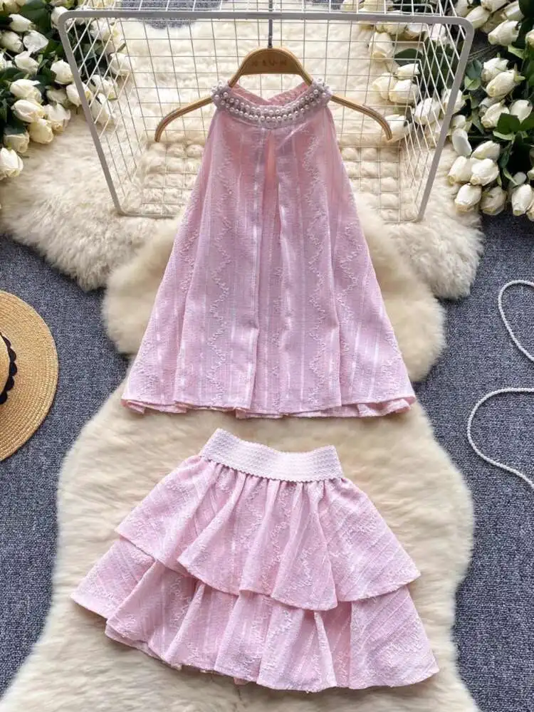 

Женские корейские комплекты из двух предметов, летний топ без рукавов с круглым вырезом и бусинами для ногтей + юбка трапециевидной формы с высокой талией, милые наряды