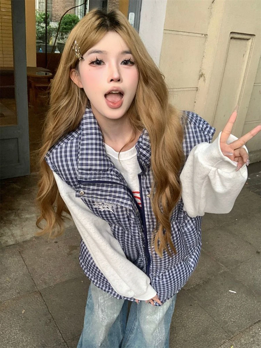 유 자오린 2025 신상 미국 스타일 체크무늬 조끼 여성용 루즈핏 스탠드 칼라 면 폴리에스터 섬유 따뜻한 지퍼