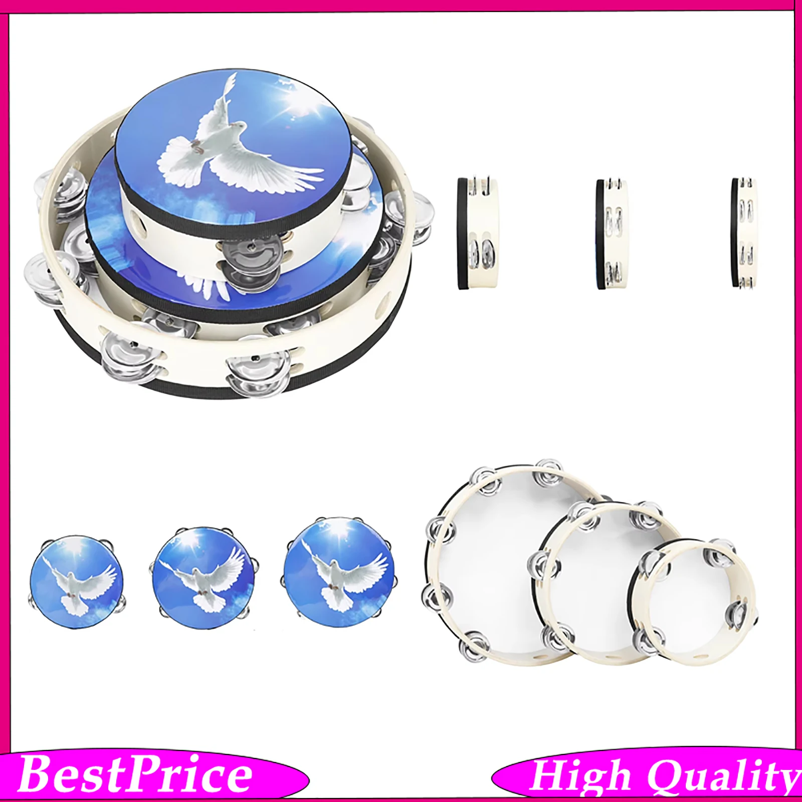 6+8+10 Inches Blue Sky Peace Dove Double Layer Hand Shake Bell Drum Set Orff Musical Instrument Tambourine