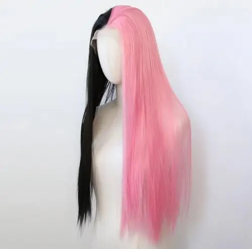 Half Black and Half Pink Synthetic Lace Front Wig Long Straight Synthetic Wig Pre Plucked Heat Resistant Hair Wig