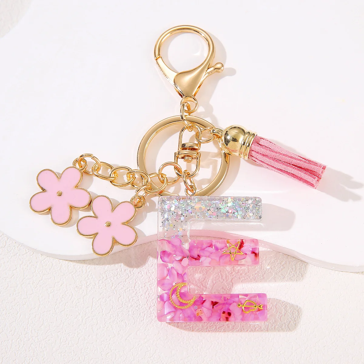Exquisite Resin Initials Keychain Pink Cherry Blossom 26 English Alphabet Keyring Ladies Fashion Keychain Handbag Accessory Gift