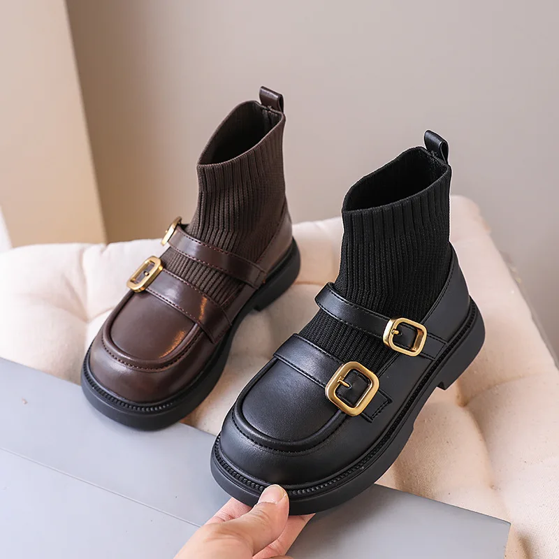 Botas de cuero con costuras tejidas voladoras para niñas, botas de princesa, botas de suela suave de cuero para niños, botas de calcetines Chelsea para niños, moda