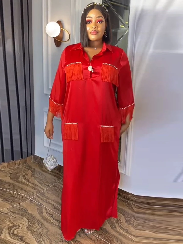 Elegant Shirt Dresses For Women Long Sleeve Tassel Maxi Robe African Turkey Dashiki Outfits Office Ladies Overalls Party Gowns