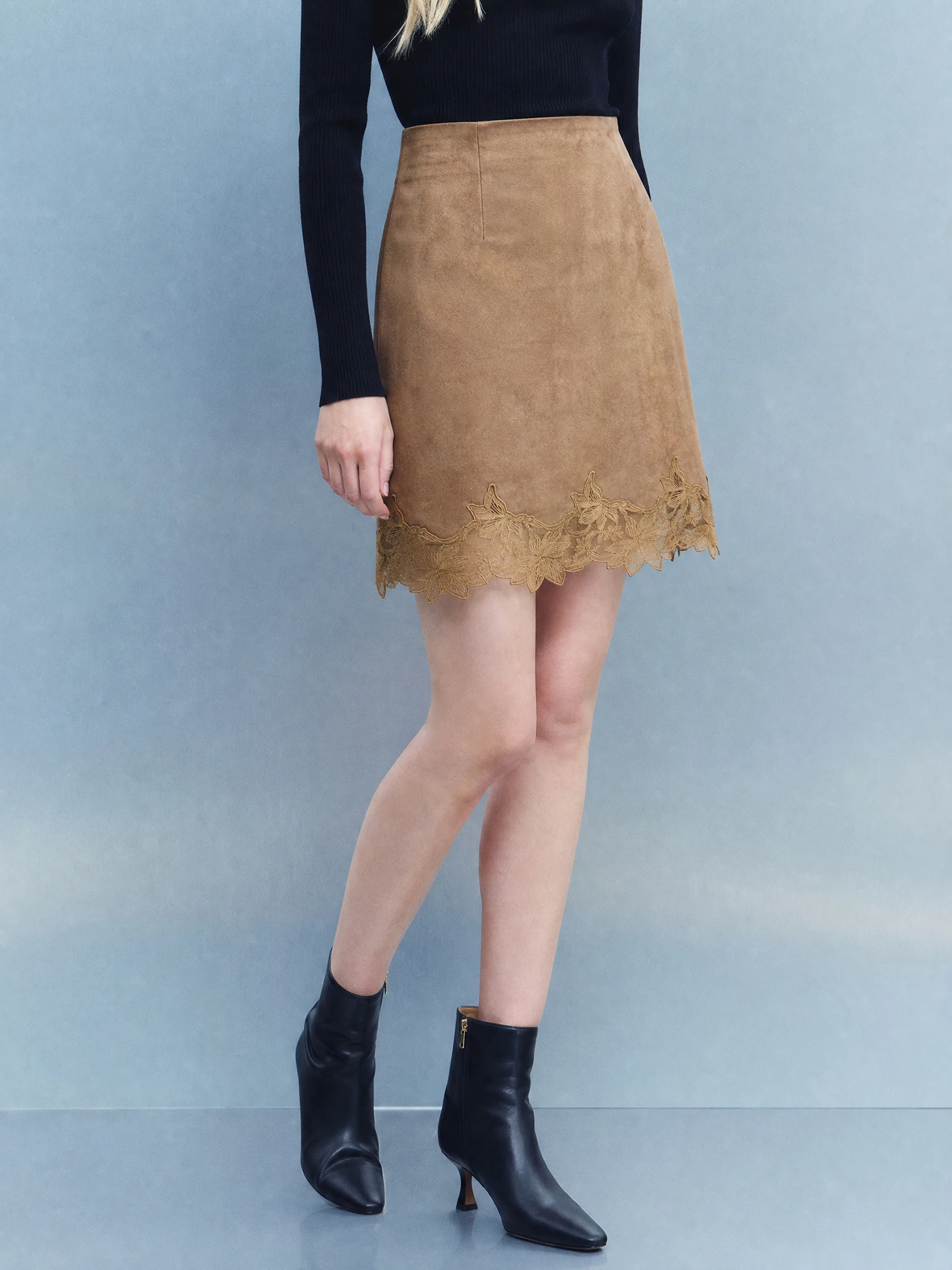 Eco-Friendly Suede  Skirt with Heavy Embellished Lace Patchwork And Half Elastic Waist A-Line Silhouette for Women