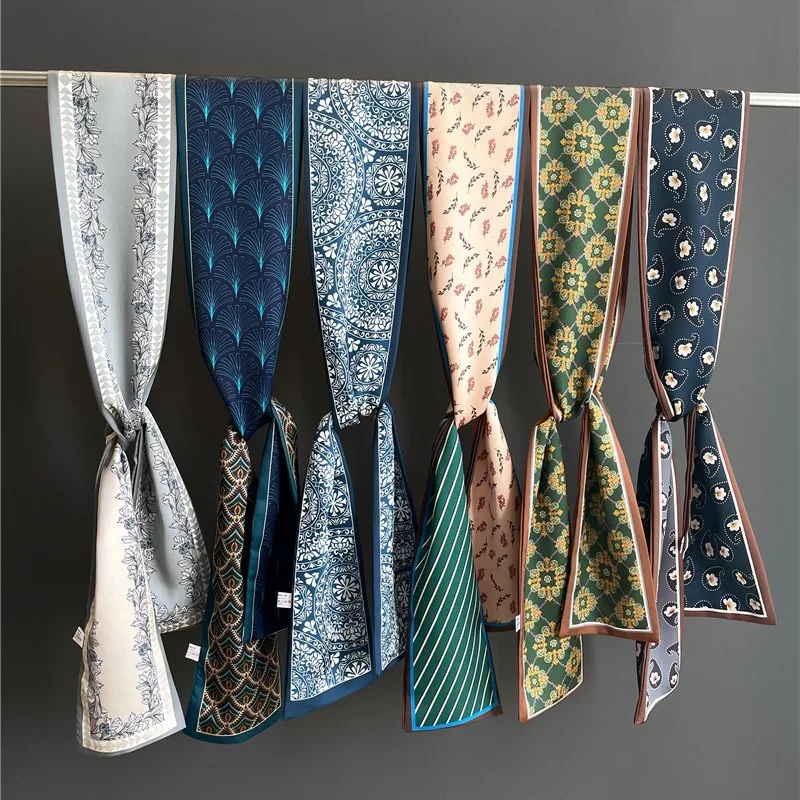 

Long Skinny Scarf Fresh Floral Print Soft Satin Silk 145*12cm Thin Wrist Hair Tie Women All Season Headband Neck Kerchief