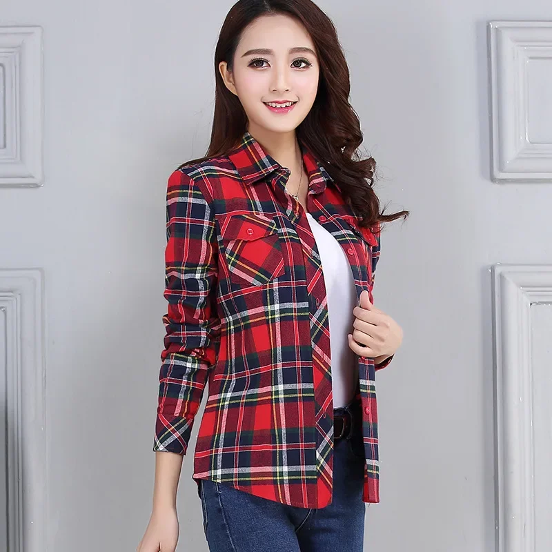 

Women's Fashion Plaid Shirts Autumn New Ladies Casual Long Sleeve Pocket Cotton Shirt Fine Elegant Lady Checked Tops Clothes