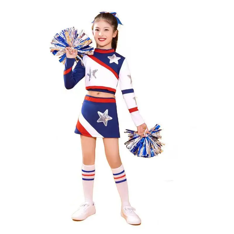 Pompoms And Socks Girls Cheerleading Uniform Dance Costume Long Sleeves Kids Cheerleader Outfit Dancewear Schoolgirl