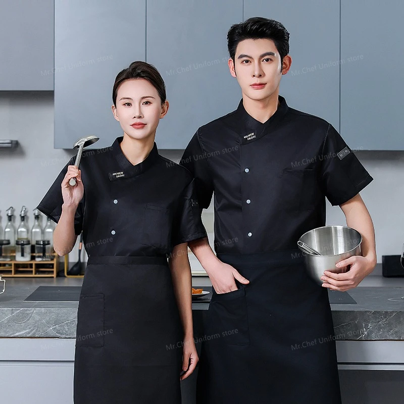 Sommer Männer Schwarz Chef Uniform Schürze Restaurant Kurzarm Chef Shorts Jacke Küche Atmungsaktive Chef Mantel Arbeit Kleidung Logo