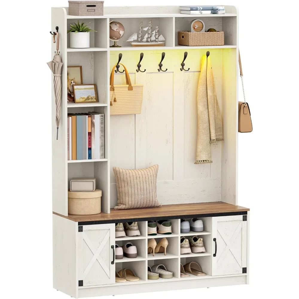

47.2 Hall Tree, LED Farmhouse Entrance Storage and Hanger Wood, Entrance Furniture with 7 Hooks, Bench and Stove