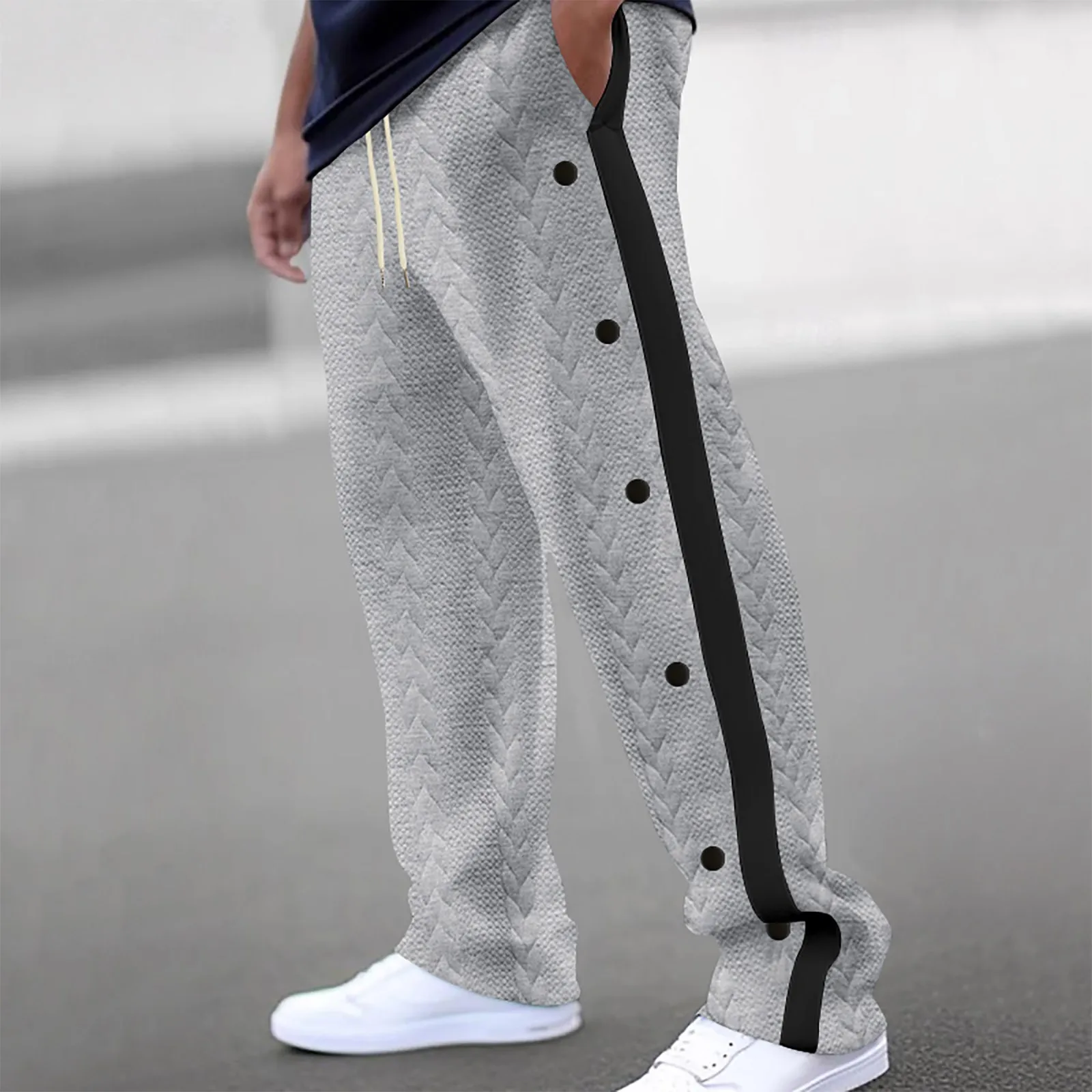 2024 Autumn Winter Men Side Buttons Wide Leg Pants Elastic Waist Male Casual Drawstring Sweatpants Loose Straight Trousers