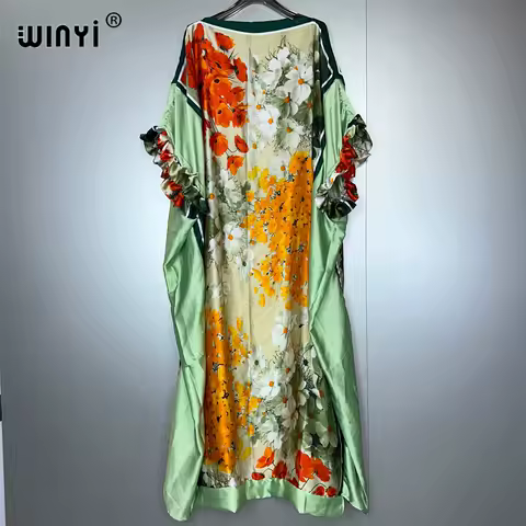 WINYI summer Middle East print evening dress abaya dubai luxury Female loose holiday kaftan muslim woman clothing beach dress