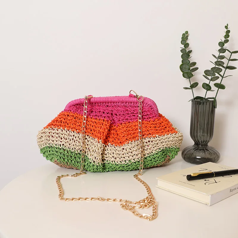 

Color Striped Shell Clip Shoulder Bag Paper Rope Beach Bags for Women Bohemian Woven Straw Bag Ladies Clutch Handbags Purses NEW